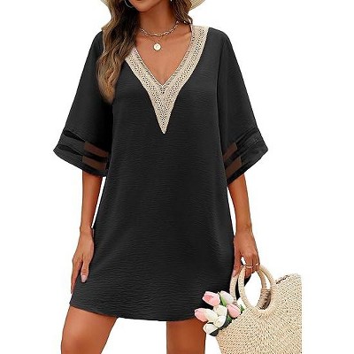 AI'MAGE Women's Swimsuit Cover Up 3/4 Bell Sleeve Loose Beachwear Deep V-Neck Bikini T-Shirt Beach Dress S-XXL