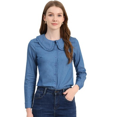 Allegra K Women's Peter Pan Collar Ruffled Button Down Denim Shirt