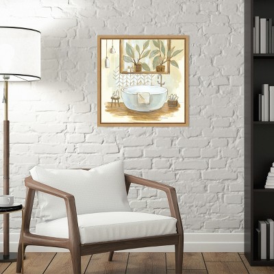 Sage Bathroom Still Life Canvas Wall Art in Maple Frame