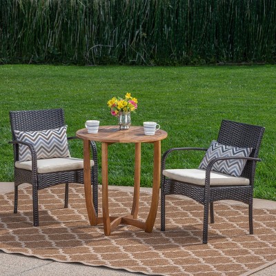 Lindy 3pc Acacia Wood and Wicker Bistro Set - Teak/Cream - Christopher Knight Home