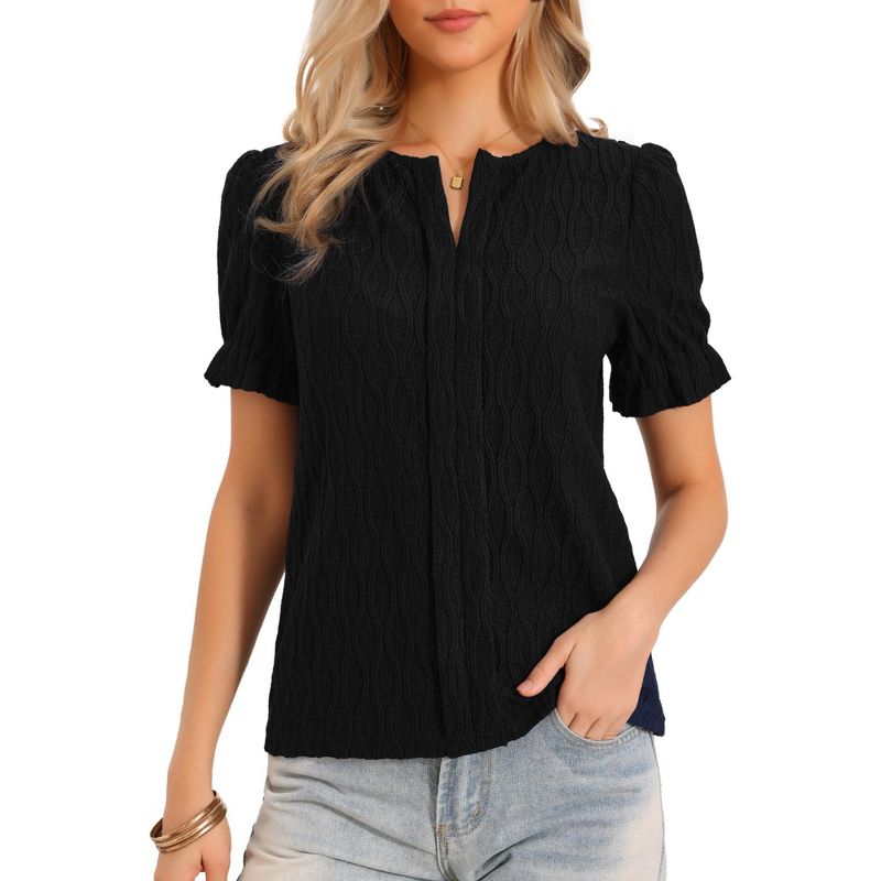 INSPIRE CHIC Women's Summer Short Puff Short Sleeve V Neck Dressy Casual Knit Blouses Small Black