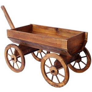 Okak Raised Garden Bed with Wood Wagon Shape, Decorative Outdoor Planter with Wheels, Planter Box for Backyard, Garden, Patio, Brown - 1 of 4