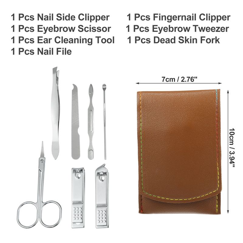 Unique Bargains Stainless Steel Pedicure Nail Clippers Scissors Tool Set for Men Women Silver with Brown PU Leather 7Pcs, 2 of 4