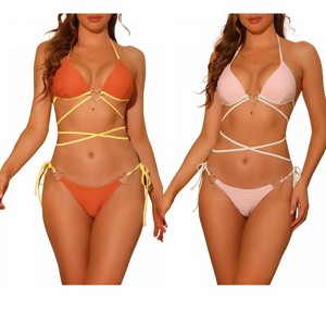 Elerevyo Women's Heart Ring Halter Contrast Color Lace Up Ribbed Swimwear Bathing Suits 2 Sets - 1 of 4