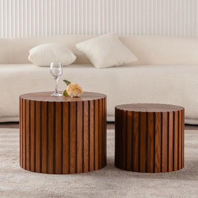 NicBex Set of 2 Round Handcrafted Relief Coffee Table for Living Room,Cylinder End Table for Small Space,Accent Side Table