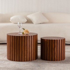NicBex Set of 2 Round Handcrafted Relief Coffee Table for Living Room,Cylinder End Table for Small Space,Accent Side Table - 1 of 4