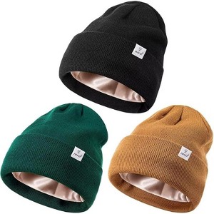 Zuppad 3 Pack Satin Lined Winter Beanie Hats for Women Men,Silk Lined Womens Beanies Knit Soft Warm Cuffed Hats - 1 of 4