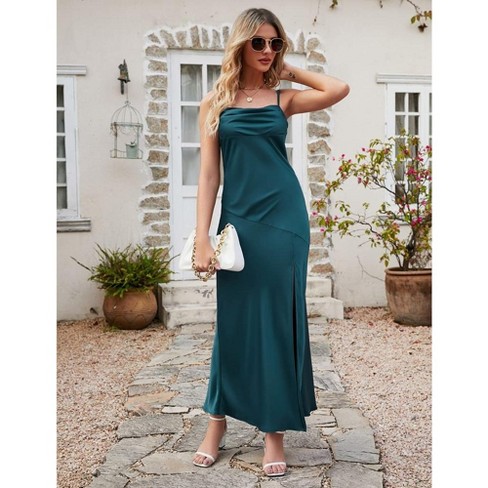 Women s Sleeveless Spaghetti Strap Backless Satin Midi Dress