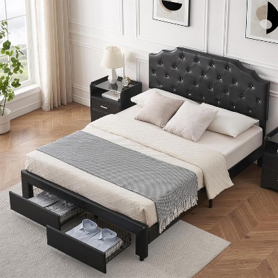 Upholstered Leather Full Size Bed Frame, Storage Queen Bed Frame with 2 Drawers and Curved Button Tufted Design Headboard, Wooden Slats Support