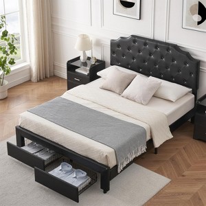 Upholstered Leather Full Size Bed Frame, Storage Queen Bed Frame with 2 Drawers and Curved Button Tufted Design Headboard, Wooden Slats Support - 1 of 4