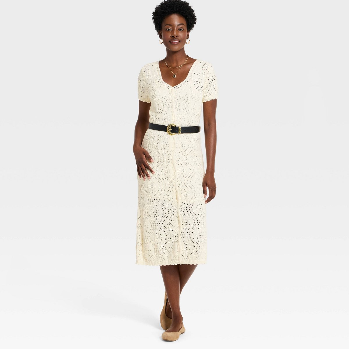 Женские платья Universal Thread Women's Western Short Sleeve Scalloped Crafted Midi A-Line Dress - Universal Thread™ Cream M — фото 3