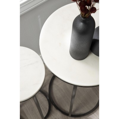 White Marble and Gunmetal Round Nesting Tables Set