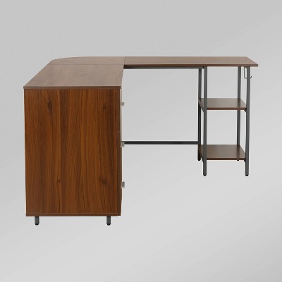 Rustic Walnut Wood Corner Gaming Desk with Drawer Storage