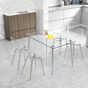 Modern minimalist transparent dining chair, plastic chair, armless crystal chair, Nordic creative makeup stool, negotiation chair, black metal legs - 1 of 4
