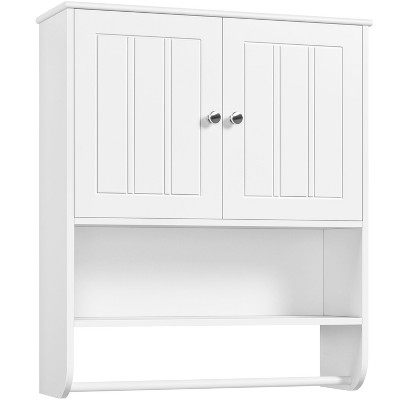 Yaheetech Bathroom Wall Cabinet with Towel Bar, Double Doors and Adjustable Shelf for Living Room, Laundry Room, Mudroom, White