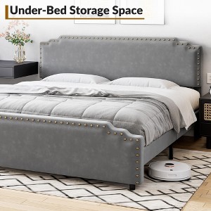 Step Design Copper Nail Gray Upholstered Bed Frame – Elegant Texture with Metal Accents, Sturdy & Stylish Bedroom Centerpiece - 1 of 4