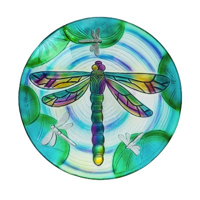 Evergreen 18" Hand Painted Embossed Glass Bird Bath, Fluttering Dragonfly Pond