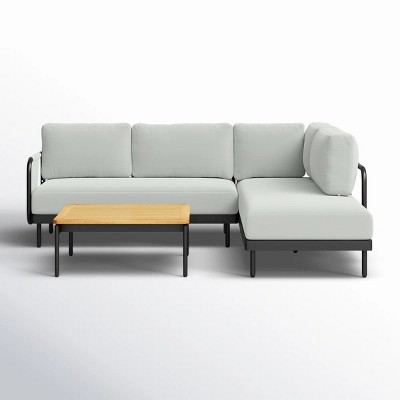 L Shaped Configuration Patio Sectional Sofa Set Performance Foam Seating & Structural Steel Frame + Tropical Wood Grain Coffee Table Ensemble