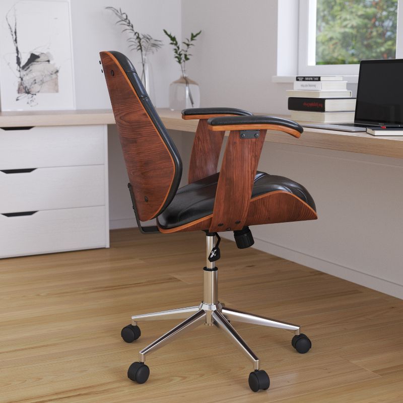 Merrick Lane Mid-Back Ergonomic Office Chair Executive Swivel Bentwood Frame Desk Chair in Black Faux Leather, 3 of 16