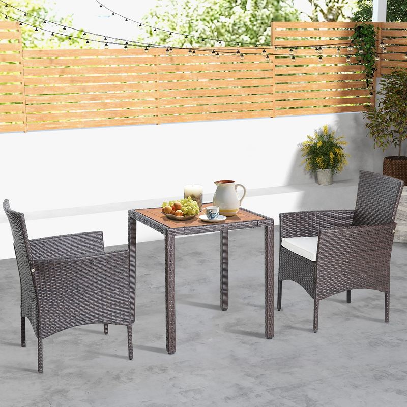 Costway 3PCS Patio Wicker Dining Set Acacia Wood Table Top with Cushioned Chairs Garden, 2 of 11