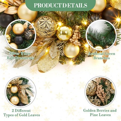 24'' Pre-Lit Christmas Wreath for Front Door, Lighted Christmas Door Wreath with Ball Ornaments, Winter Porch Decorative Wreath for Fireplace Window