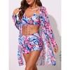 INSPIRE CHIC Women's Strappy Floral Printed Ruched Long Sleeve Robe Cover Up BoyShorts Bottoms Swimwear Bikini Sets 3 Pieces - 3 of 4