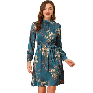 Allegra K Women's Mock Neck Swing Midi Long Sleeve A-line Floral Dress - 1 of 4