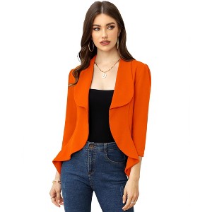 Women's Open Front Waterfall Collar Blazer - 3/4 Sleeve Asymmetric Hem Crop Jacket - 1 of 4
