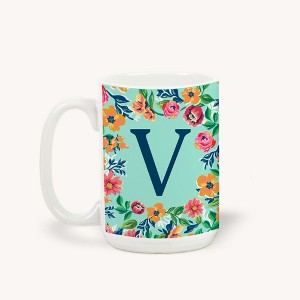 Personalization Mall Flowery Initial Coffee Mug, 15 Oz., Blue Aqua - 1 of 1