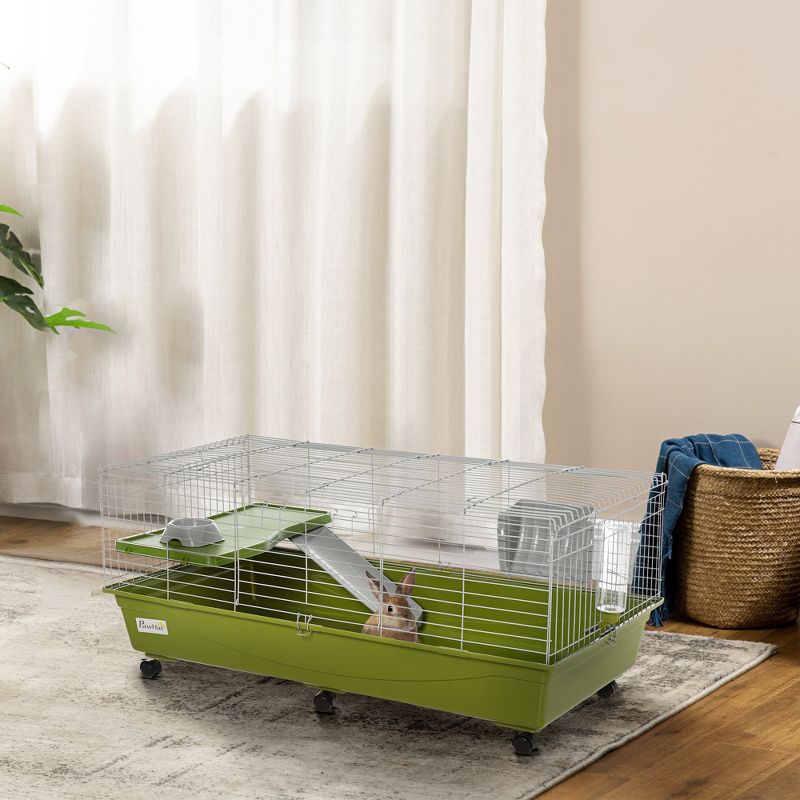 PawHut Small Animal Cage, Rolling Dwarf Bunny Cage, Guinea Pig Cage with Food Dish, Water Bottle, Hay Feeder, Platform, Ramp for Chinchilla, 3 of 9