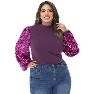 Anna-Kaci Women's Plus Size Sparkle Sequin Sweatshirt Mock Neck Pullover Long Sleeve Glitter Party Tops - 1 of 4