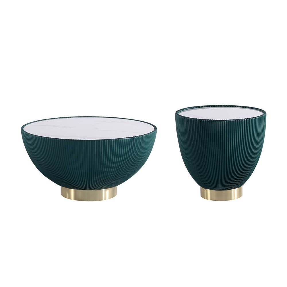 Photos - Coffee Table Manhattan Comfort 2pc Anderson Leatherette Upholstered  and End Table Set Green: Modern Round Faux Marble, No As