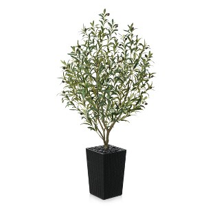 Artificial Olive Tree 5ft/6ft Tall Faux Indoor Plant - Realistic Green Leaves and Black Olives - Decorative Potted Tree for Living Room Home Office - 1 of 4
