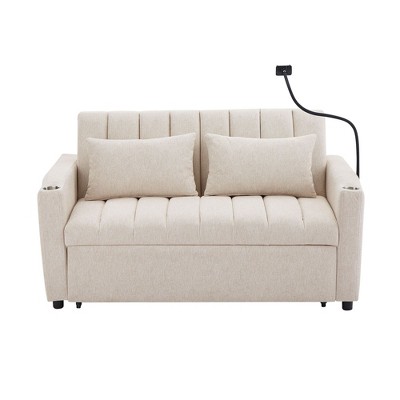 NicBex 2 Seater Loveseat Sofa Modern Convertible Pull-Out Sofa Bed with 3 USB Ports & 2 Side Pockets for Bedroom,Living Room,Beige