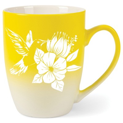 Elanze Designs Hummingbird Flower Two Toned Ombre Matte Yellow and White 12 ounce Ceramic Stoneware Coffee Cup Mug