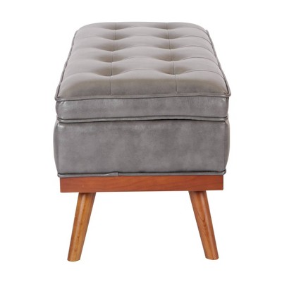Katheryn Pewter Bonded Leather Storage Bench with Solid Wood Legs