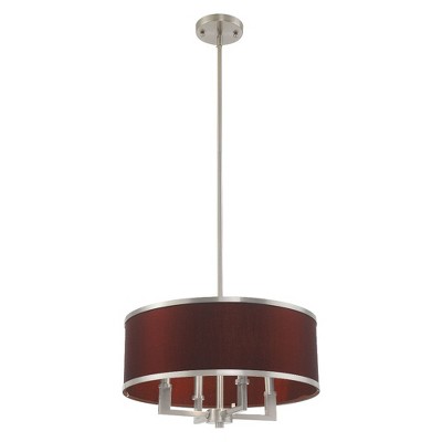 Brushed Nickel Mini Drum 4-Light Pendant with Red Wine Fabric Shade