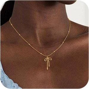 14K Gold Plated Necklace for Women Necklace Cute Small Tiny Bow Pendant Choker Chain Necklace - 1 of 4