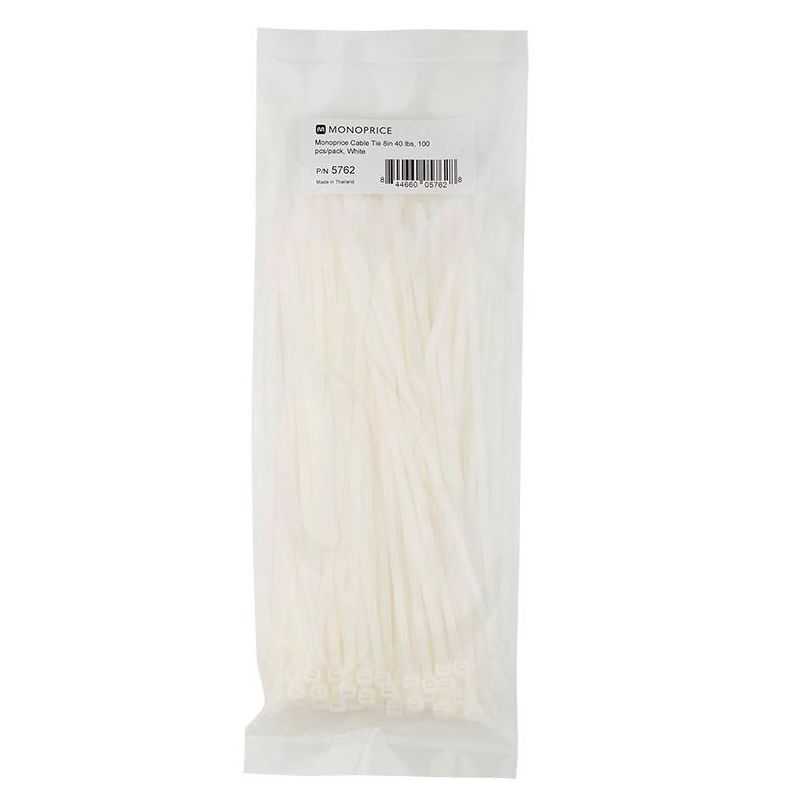 Monoprice Cable Tie 8 inches 40 lbs, 100 pcs/pack, White, 1 of 4