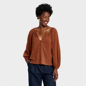 トップス TRUDY V-neck pearl button blouse Women's Button-Front V-Neck Woven Top - A New Day™ Brown L : Target