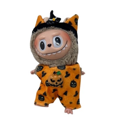 Halloween Jumpsuit with Black Hat and Pumpkin Accents for Labubu Dolls