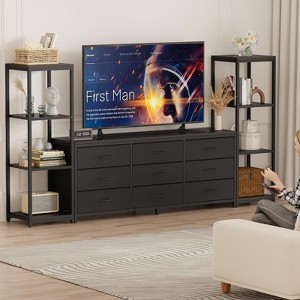 tv dresser WLIVE Minimalist 5-Drawer Fabric Dresser TV Stand with Open Shelves Rustic Brown Wood Grain Print