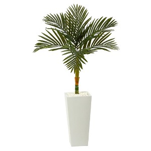 Nearly Natural 4.5-ft Golden Cane Artificial Palm Tree in Tall White Planter - 1 of 4