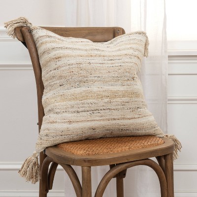 20" Beige and White Striped Tassel Throw Pillow