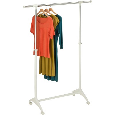 Adjustable Height Chrome and White Rolling Clothes Rack