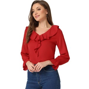 INSPIRE CHIC Women's Office Work Ruffle V Neck Long Sleeve Chiffon Peasant Blouse - 1 of 4