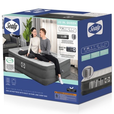 Queen Size Gray and White Raised Air Mattress with Built-in Pump