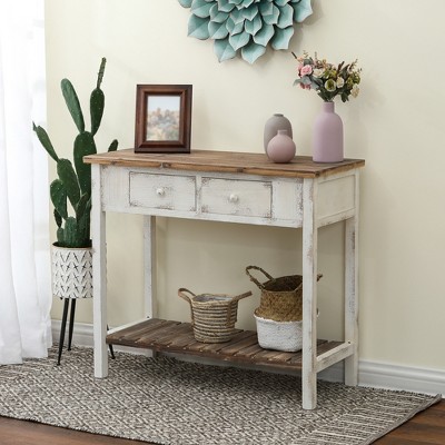 Vintage Distressed White and Natural Wood Console Table with Storage