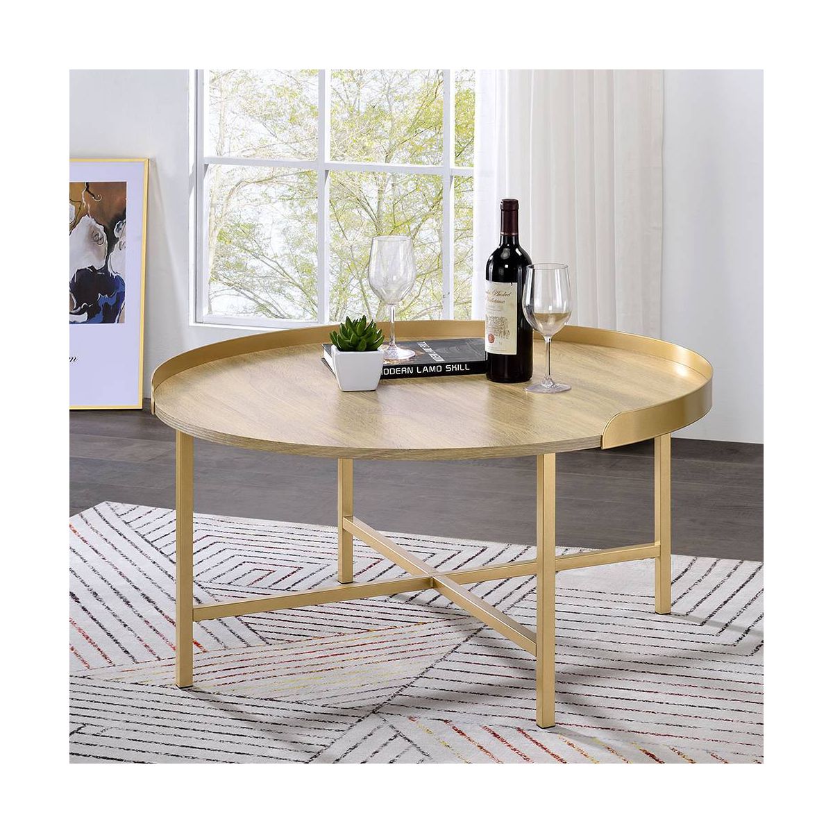Acme Furniture Mithea Coffee Table Oak Table Top/Gold Finish - thumbnail 2
