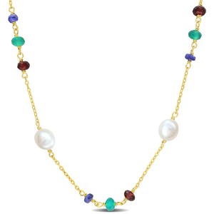 EVERLY JEWELRY  |   Yellow Plated Sterling Silver 2.81 CT TGW Blue Sapphire, Garnet & Green Onyx & Cultured Freshwater  Pearls Necklace - 1 of 4